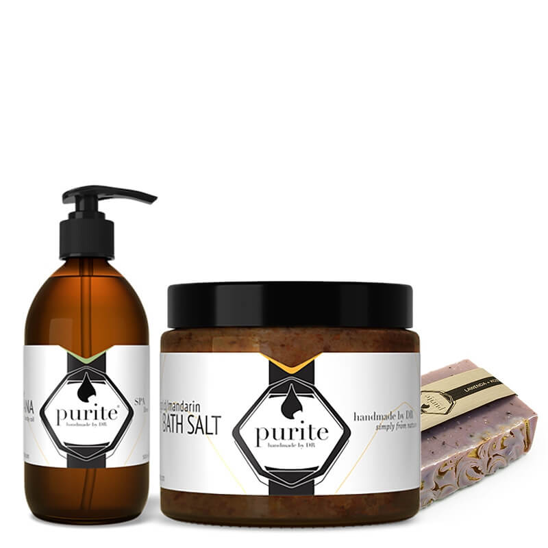 Purite Lavender + SHANTI + Tandarsin and Calendula ZESTAW Mydło 100 g + Olej 250 ml + Sól do kąpieli 650 g