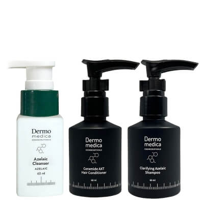 Dermomedica Azelaic Cleanser + Clarifying Azelaic Shampoo + Ceramide AXT Hair Conditioner ZESTAW Żel do mycia z kwasem azelainowym 60 ml + Szampon oczyszczający z kwasem azelainowym, migdałowym i piroktolaminą 60 ml + Ceramidowa odż
