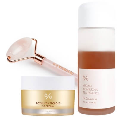 Dr Ceuracle Vegan Kombucha Tea Essence + Royal Vita Propolis 33 Cream + Roller Topestetic ZESTAW Esencja 150 ml + Odżywczy krem 50 ml + Roller różowy kwarc 1 szt