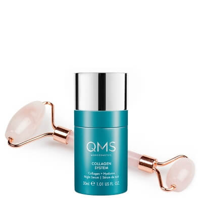 QMS Collagen Night + Roller Gratis ZESTAW Serum kolagenowe na noc 30 ml + Roller do masażu twarzy z różowego kwarcu 1 szt