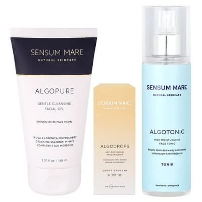 Sensum Mare Perfect Start ZESTAW Żel do mycia twarzy 150 ml + Tonik 200 ml + Krople ochronne przeciw fotostarzeniu UVB UVA HEV/IR 50 ml